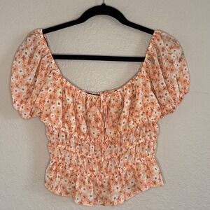 FOREVER 21 Womens Large Pink Floral Milkmaid Top Smocked Bow Coquette Soft Girl